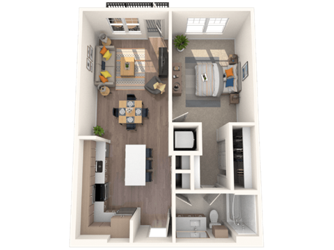 Floor plan for 1 bed, 1 bath, 730 sqft